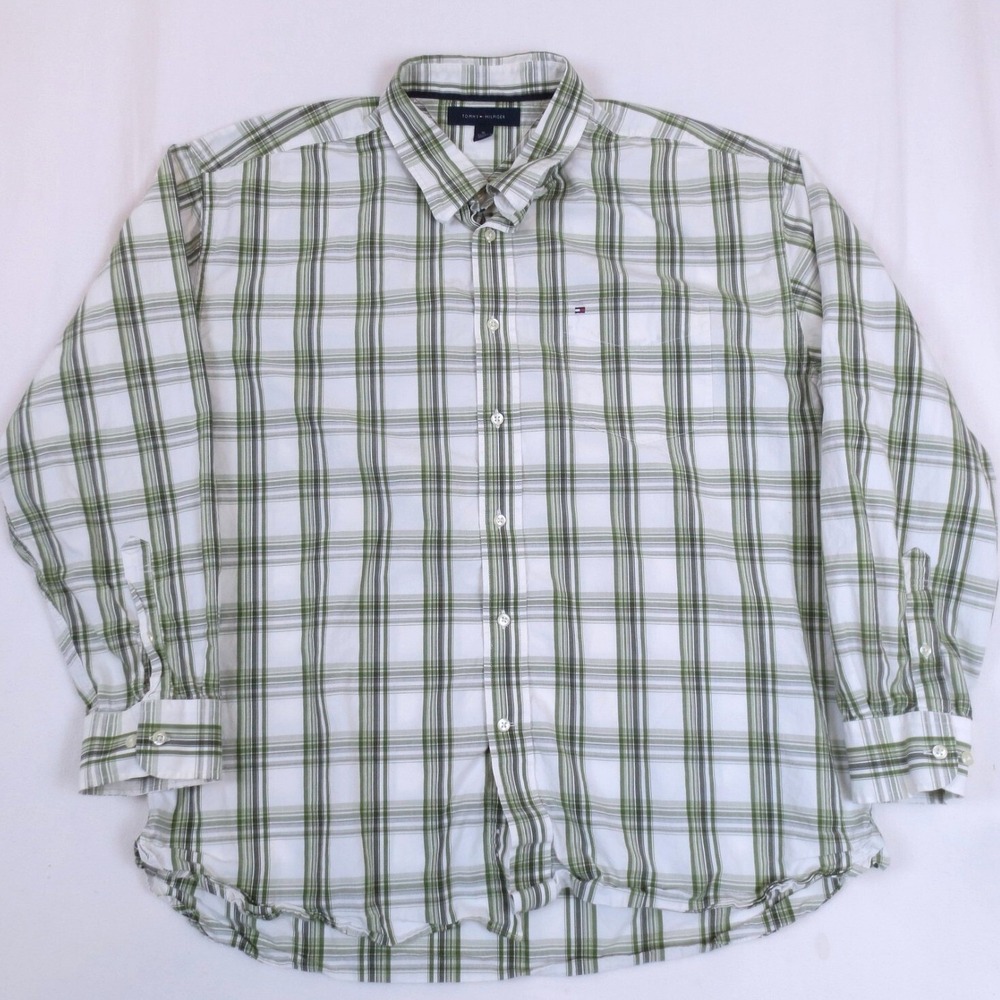 Tommy Hilfiger Shirt Mens XL White Green Plaid Long Sleeve Button Down Cotton